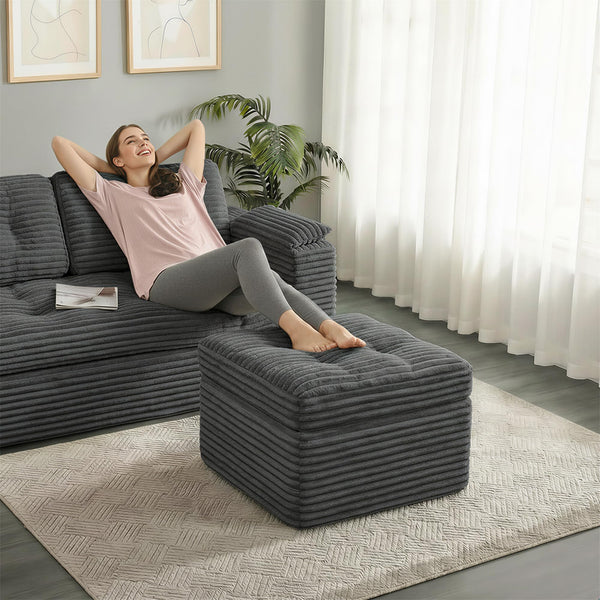 Corduroy Pouf Ottoman with Dual-Layer Support – 23.6" Round Floor Footstool