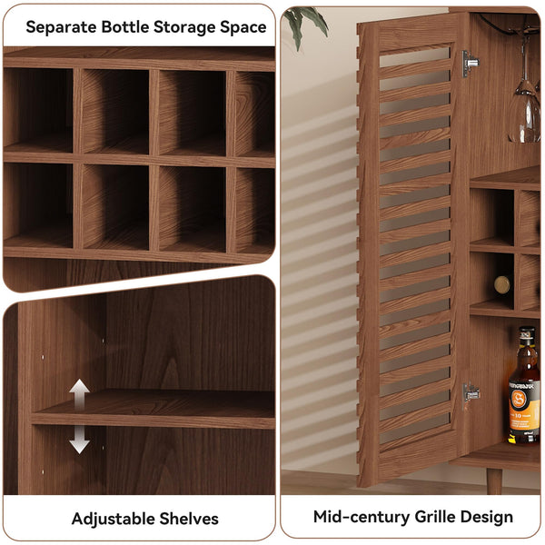 Mid-Century Bar Cabinet with Wine Rack & Slatted Doors