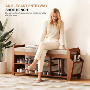 Bamboo Shoe Rack Bench with Cushion & Flip-Top Storage