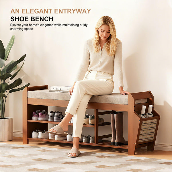 Bamboo Shoe Rack Bench with Cushion & Flip-Top Storage
