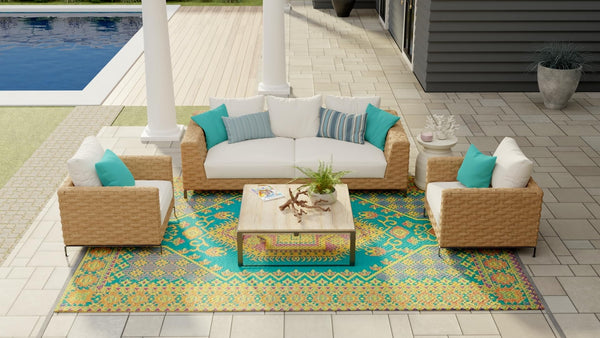 Outdoor Turkish Pattern Area Rug - Aqua, 6 ft x 9 ft