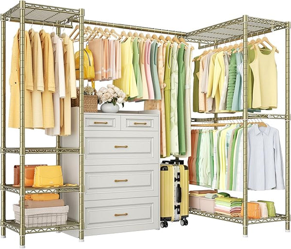 L-Shaped Corner Clothes Rack with Expandable Hanger Rod
