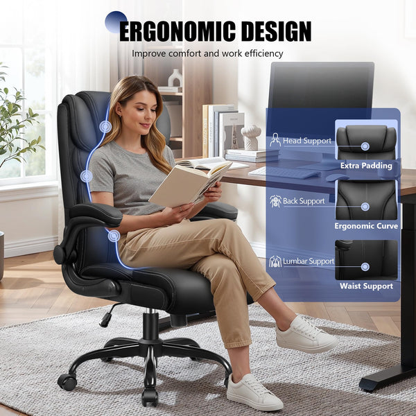 Ergonomic High-Back PU Leather Office Chair with Flip-Up Armrests