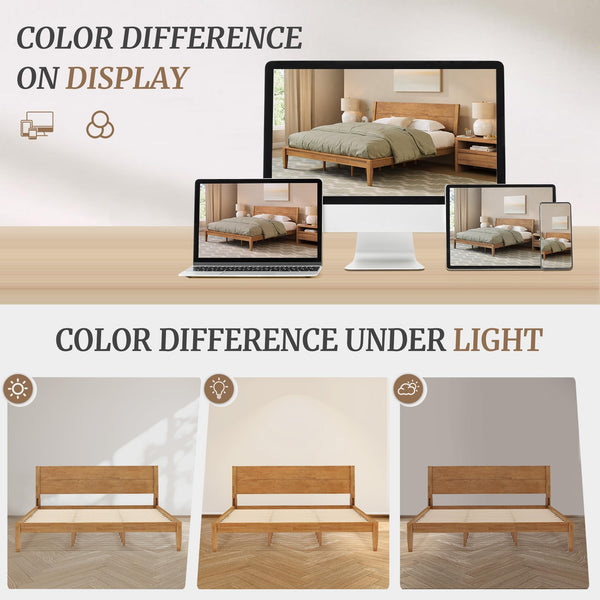 Solid Rubberwood Platform Bed Frame with Headboard