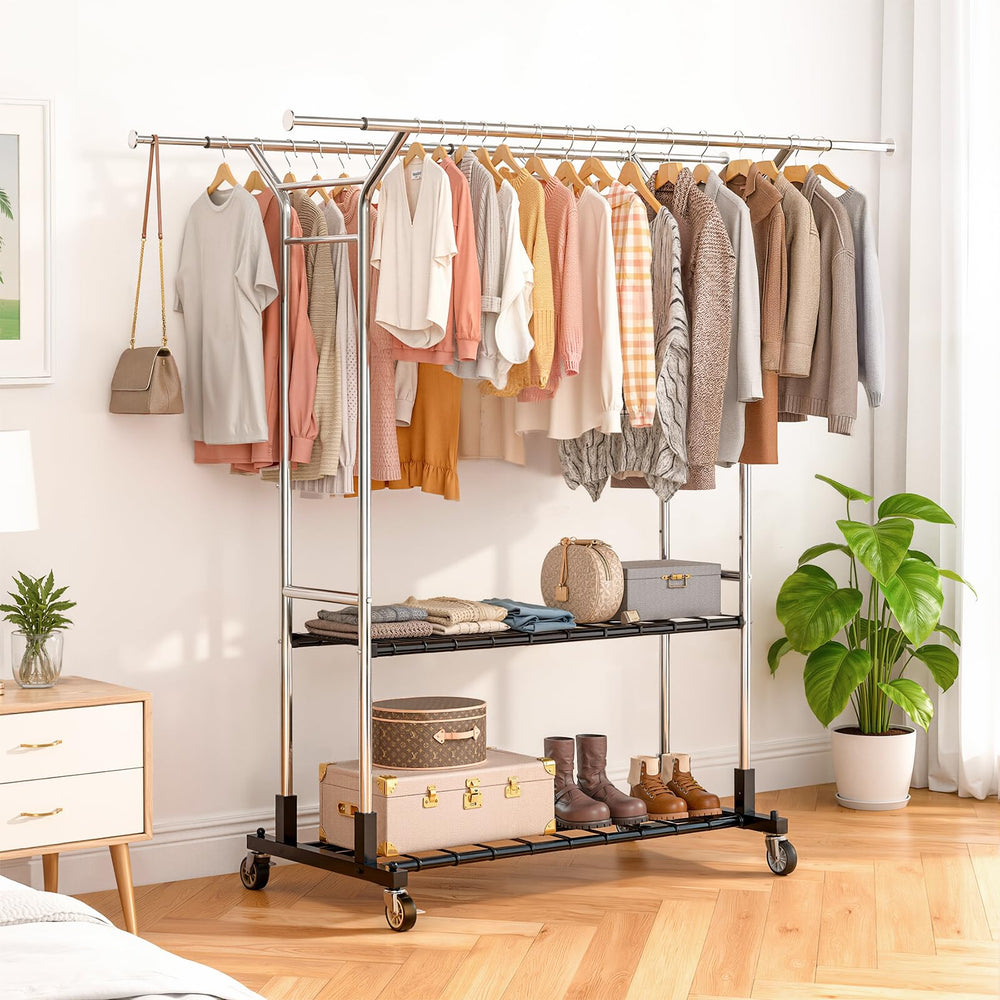 Heavy Duty Double Rod Clothes Rack with Shelves & Lockable Wheels