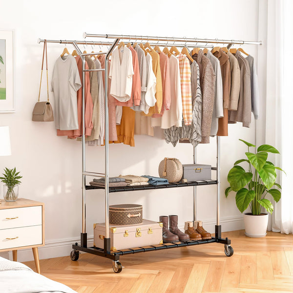 Heavy Duty Double Rod Clothes Rack with Shelves & Lockable Wheels