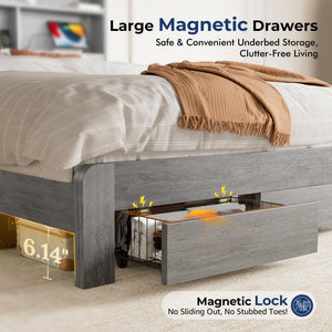 Queen Bed Frame with Storage Headboard, LED Lights & Charging Station