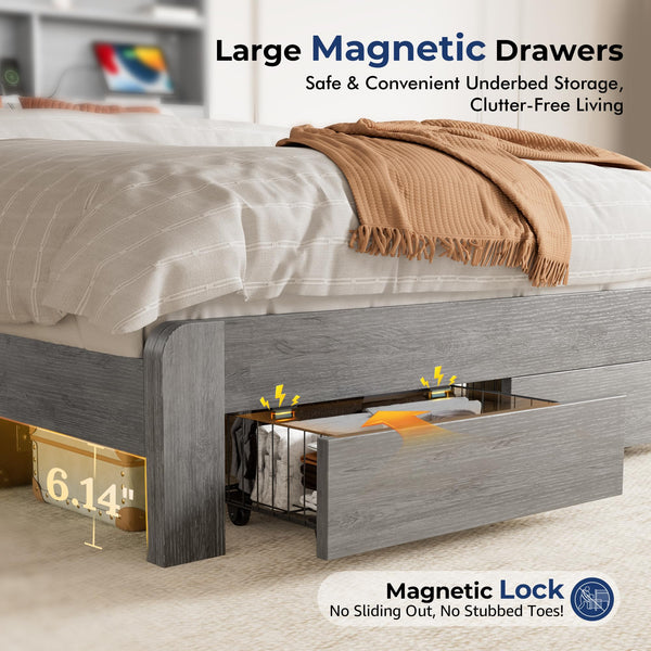 Queen Bed Frame with Storage Headboard, LED Lights & Charging Station