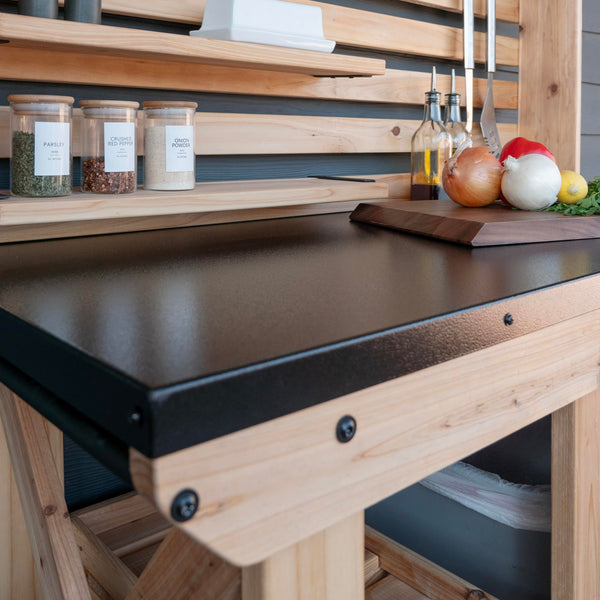 Cedar Wood Buffet Hutch Serving Station with Wine Rack & Steel Countertop