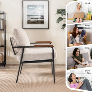 Mid-Century Modern Accent Armchair with Wood Armrests – Linen Upholstered Reading Chair