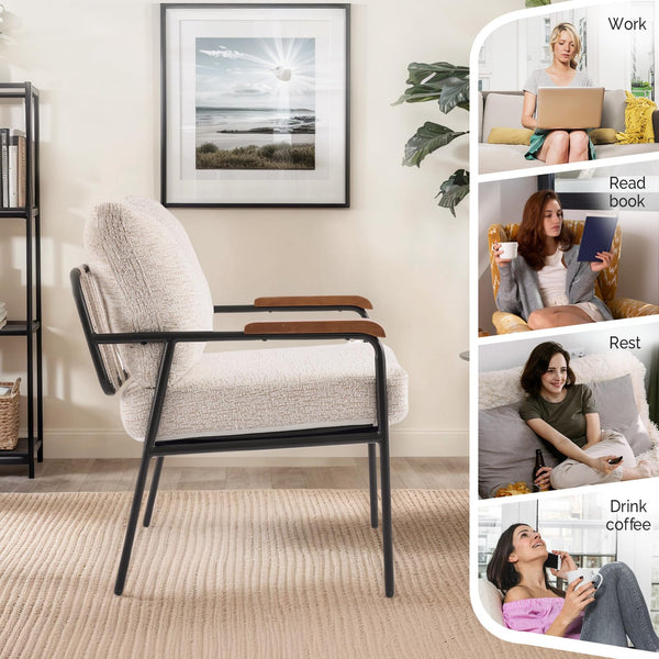 Mid-Century Modern Accent Armchair with Wood Armrests – Linen Upholstered Reading Chair