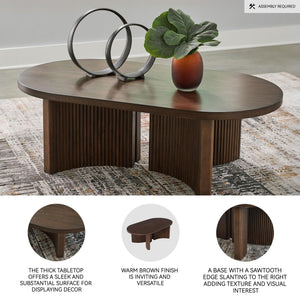 Mid-Century Modern Coffee Table with Reeded Double Pedestal Base | Dark Brown