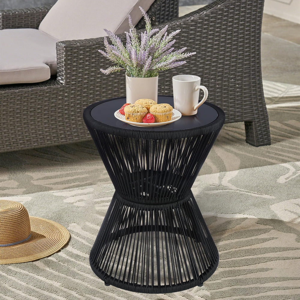 Woven Rope Outdoor Side Table with Tempered Glass Top