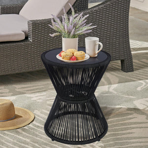 Woven Rope Outdoor Side Table with Tempered Glass Top