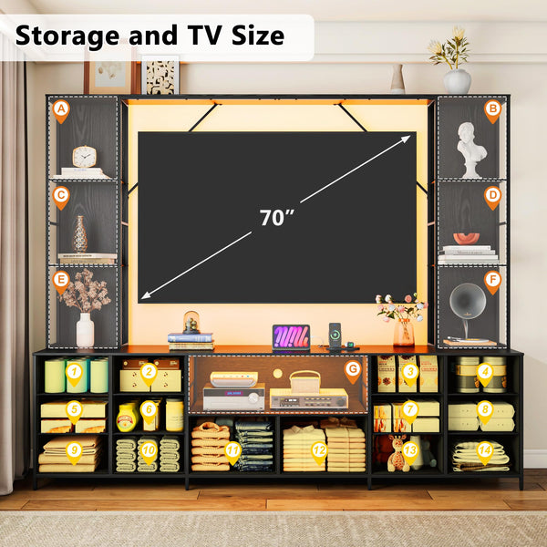 96" Wall Unit Entertainment Center with 14 Fabric Drawers, LED Lights & Power Outlets