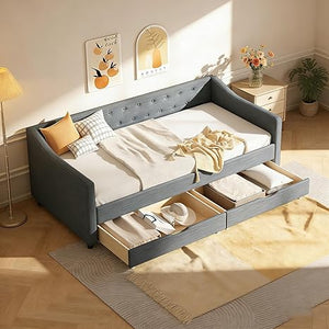 Upholstered Daybed with Storage Drawers | Linen Sofa Bed Twin & Full