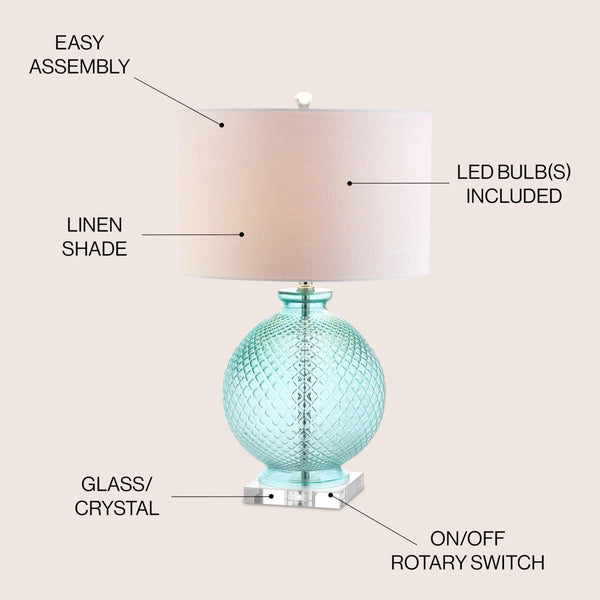 26" Aqua Diamond-Etched Glass & Crystal Table Lamp