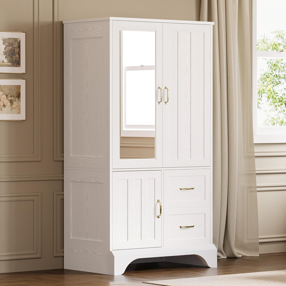 3-Door Wardrobe Armoire with Mirror, Hanging Rod & 2 Drawers – White
