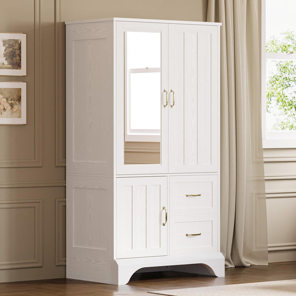 3-Door Wardrobe Armoire with Mirror, Hanging Rod & 2 Drawers – White
