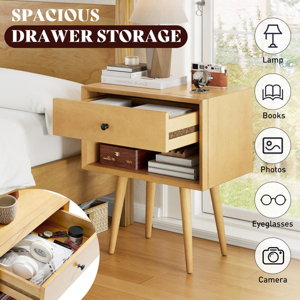 Solid Wood Nightstand with Drawer & Open Cubby