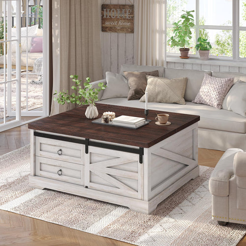 Lift Top Coffee Table with Storage, 39.4" Square, Farmhouse Style
