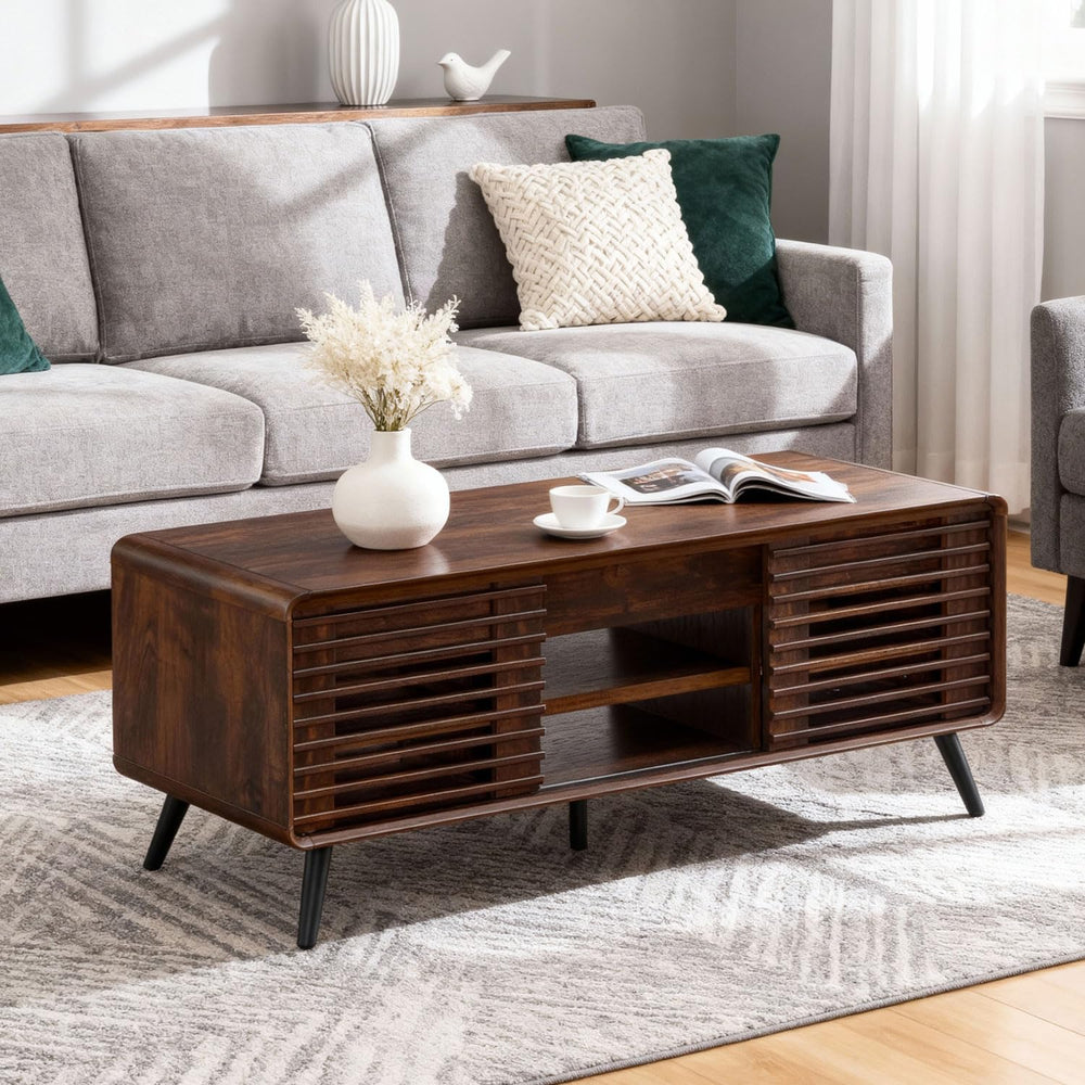 Lift Top Coffee Table with Hidden Storage & Slatted Door — Dark Walnut