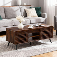 Lift Top Coffee Table with Hidden Storage & Slatted Door — Dark Walnut