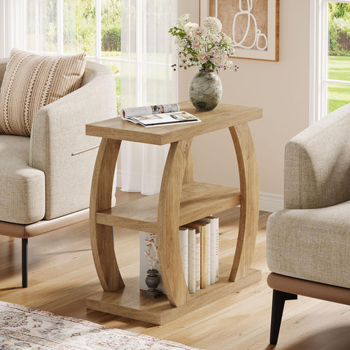 3-Tier Narrow Side Table with Storage – Natural Oak