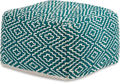 Handwoven Geometric Pouf Ottoman – Orange & White