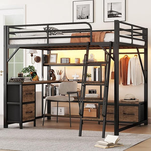 Metal Loft Bed with Desk, Storage & RGB LED Lights