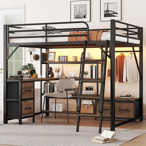 Metal Loft Bed with Desk, Storage & RGB LED Lights