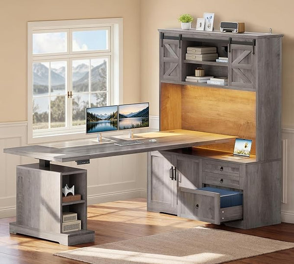 L-Shaped Electric Standing Desk with Hutch & File Cabinet
