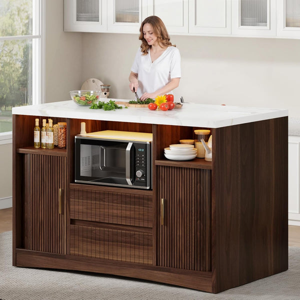 Rolling Kitchen Island with Storage, Power Outlet & LED Light