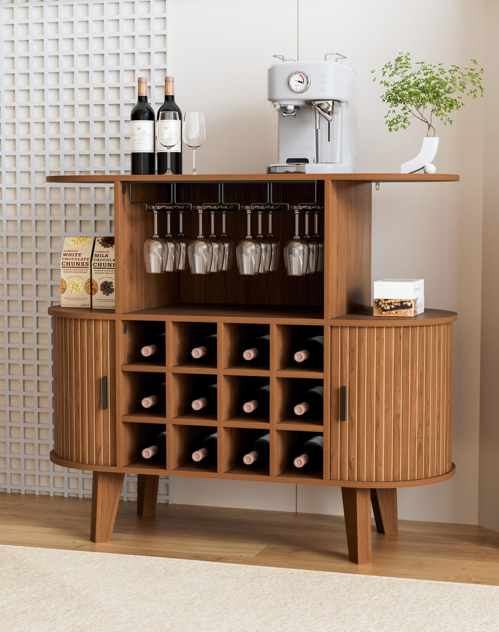 Wine Bar Cabinet with Sliding Tambour Door, Glass Shelves & 12 Wine Racks
