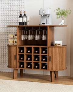 Wine Bar Cabinet with Sliding Tambour Door, Glass Shelves & 12 Wine Racks
