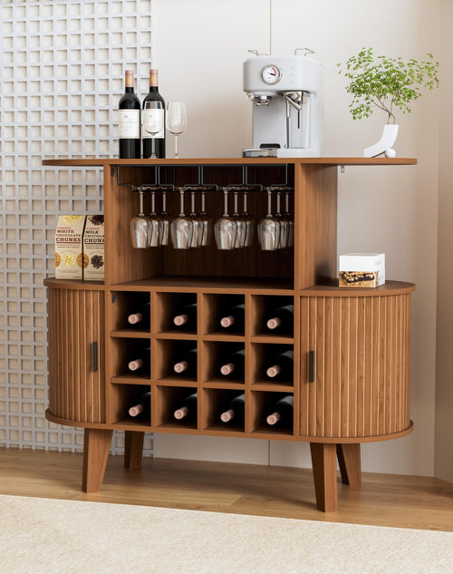 Wine Bar Cabinet with Sliding Tambour Door, Glass Shelves & 12 Wine Racks