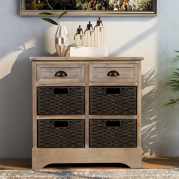 Farmhouse Storage Chest with 2 Drawers & 4 Wicker Baskets