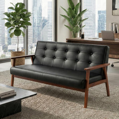 Mid-Century Modern Loveseat Sofa – Faux Leather, 2-Seat