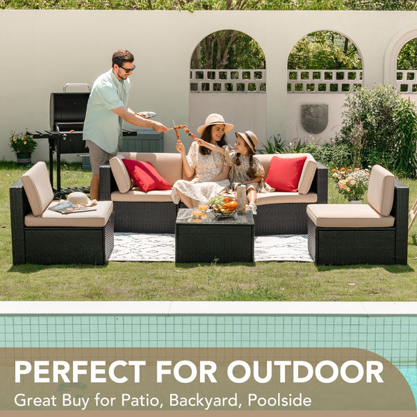 6-Piece Outdoor Sectional Sofa Set with Glass Coffee Table