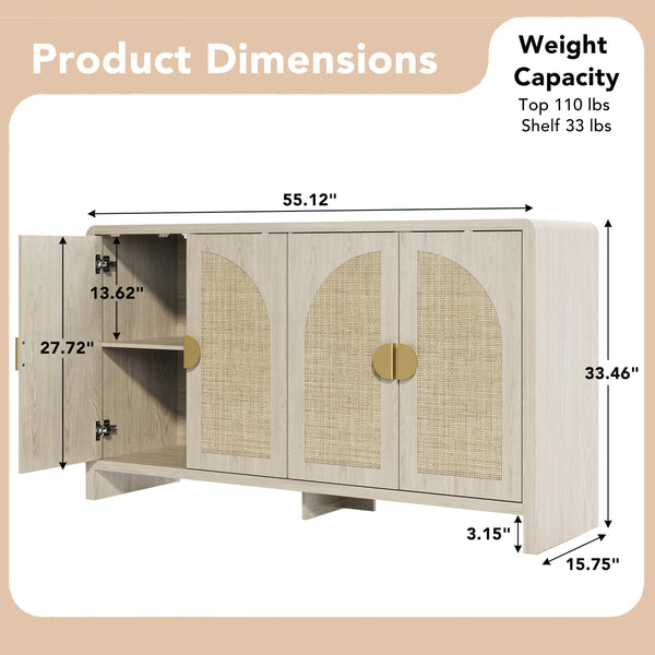55" Rattan Sideboard Buffet Cabinet with Arch Doors