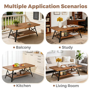 Rustic Brown 2-Tier Pine Wood Coffee Table with Metal X-Legs