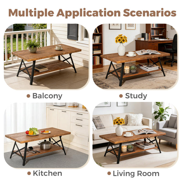 Rustic Brown 2-Tier Pine Wood Coffee Table with Metal X-Legs
