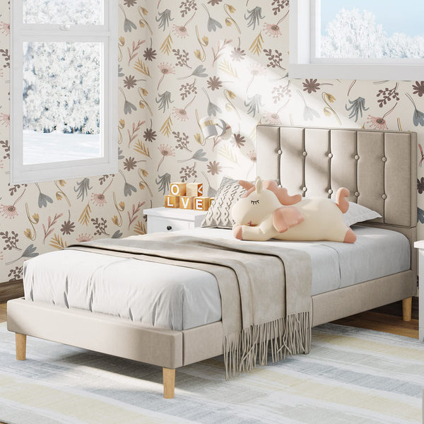 Twin Velvet Upholstered Platform Bed Frame with Headboard