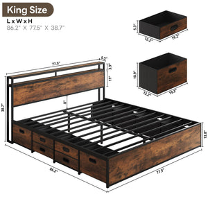 King & Queen Platform Bed Frame with 12 Storage Drawers & Headboard