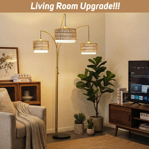 3-Light Arc Floor Lamp with Rattan Wicker Shades, 80 Inch Tall Standing Lamp