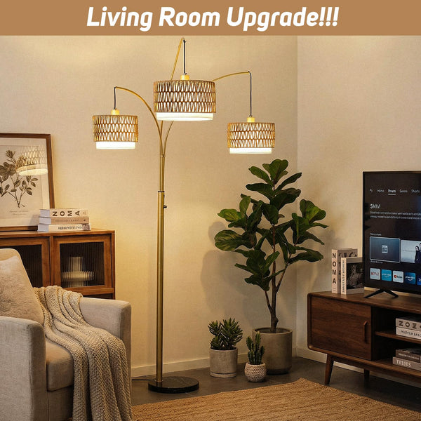 3-Light Arc Floor Lamp with Rattan Wicker Shades, 80 Inch Tall Standing Lamp