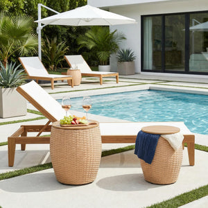 Wicker Round Patio Side Table Set of 2 with Storage