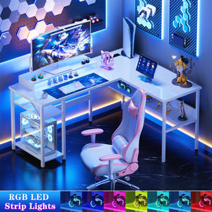 L-Shaped Computer Desk with Power Outlets & Monitor Stand