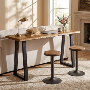 63-Inch Solid Pine Wood Bar Table with Live Edge and Metal Legs