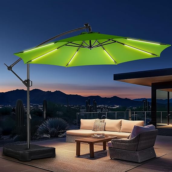 10 ft Offset Patio Umbrella with Solar LED Lights & Base